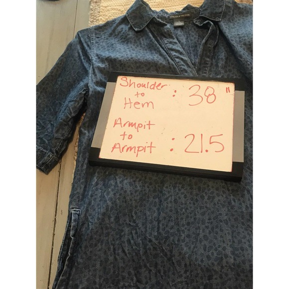 Chelsea & Theodore Shirt Dress Blue Chambray Leopard Animal Print Roll Tab Sz L - Picture 8 of 10